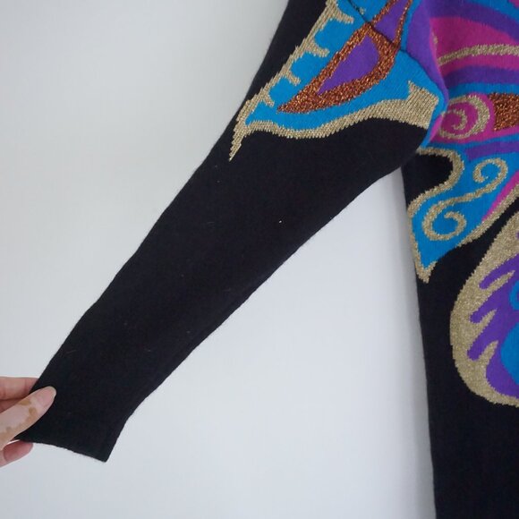 VTG Outlander Black Abstract Knit Dress Wool Boho Artwear Statement Metallic S - Picture 5 of 13